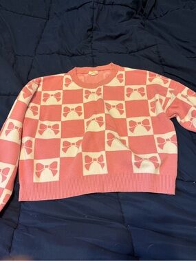 debut Pink and Cream Bow-Check Crewneck Sweater